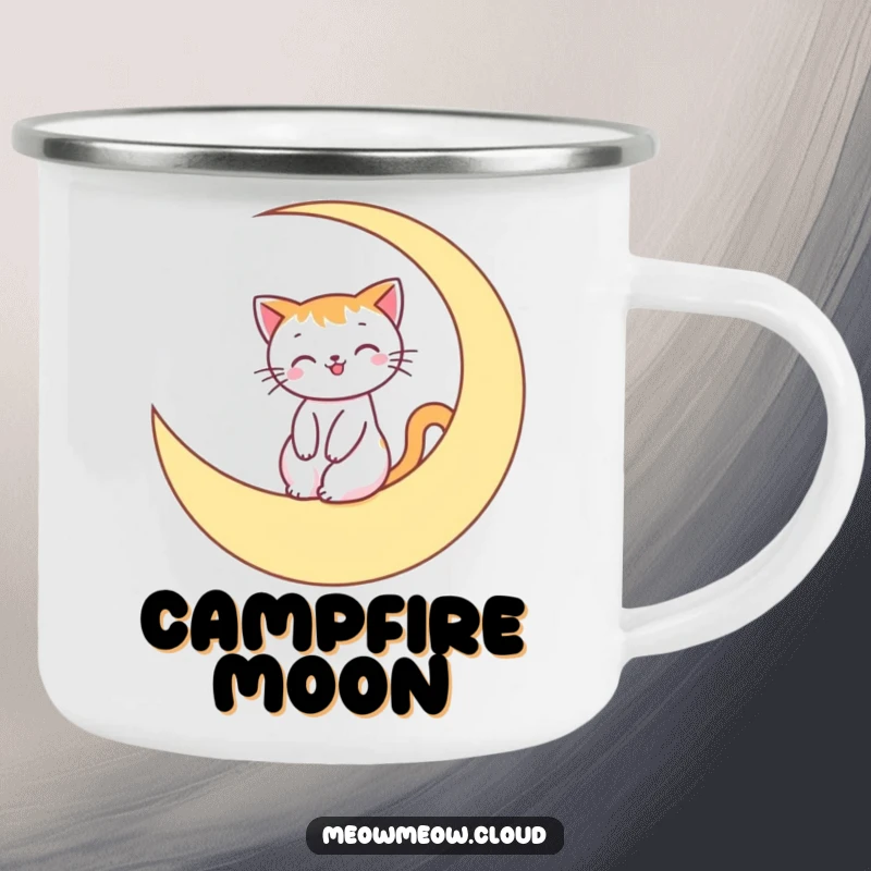 Funny Camping Mug featuring a smiling cat riding a crescent moon, durable for adventures and bringing a touch of lunar whimsy.