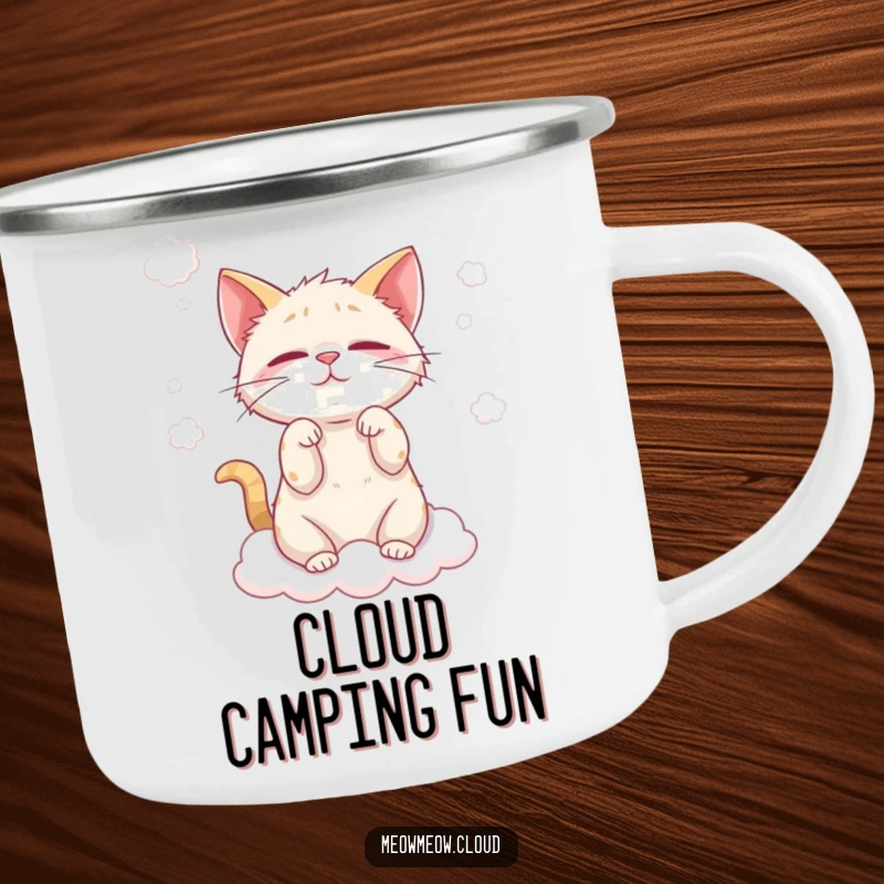 Funny cat cloud wisp camping mug with a mischievous cat playing with fluffy clouds, perfect for outdoor fun.