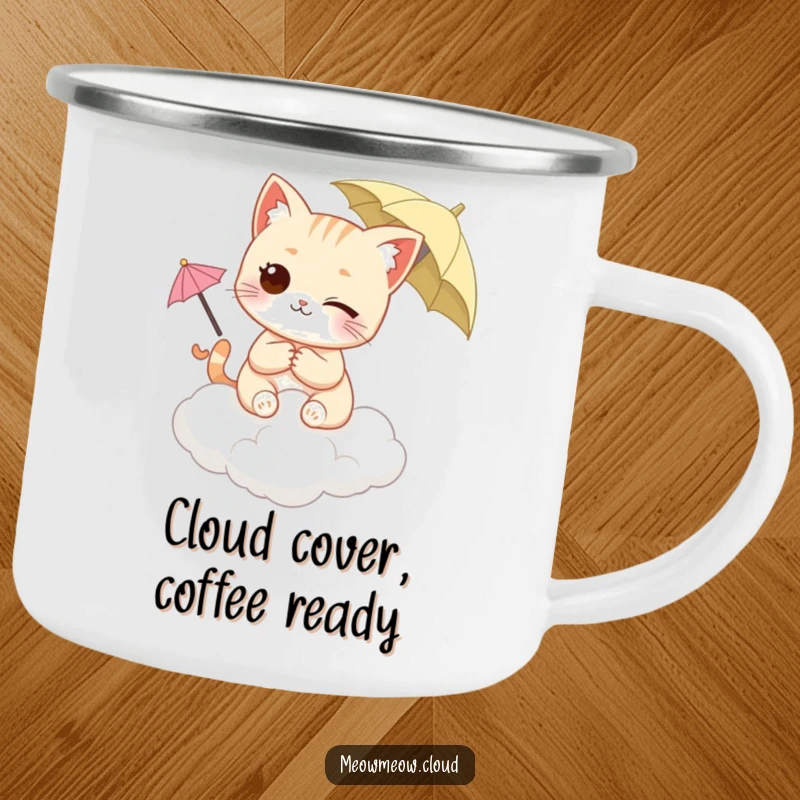 Funny Winking Cat Camping Mug featuring a cat on a cloud, holding a tiny umbrella, ideal for adventures. Durable enamel mug.