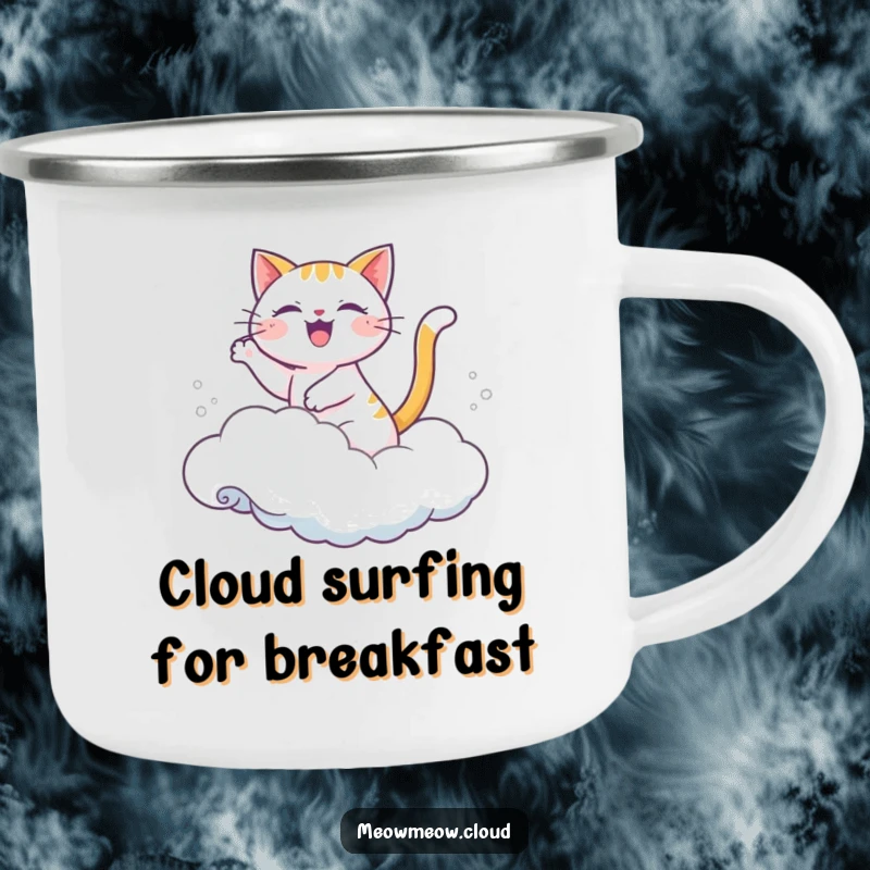 Funny camping mug with a joyful cartoon cat riding a cloud like a wave.