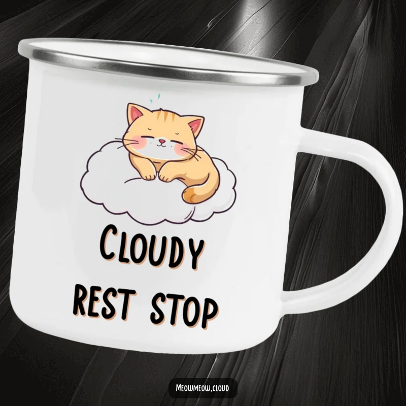 Funny cat sleeping on a cloud design on a durable camping mug, perfect for serene outdoor enjoyment.