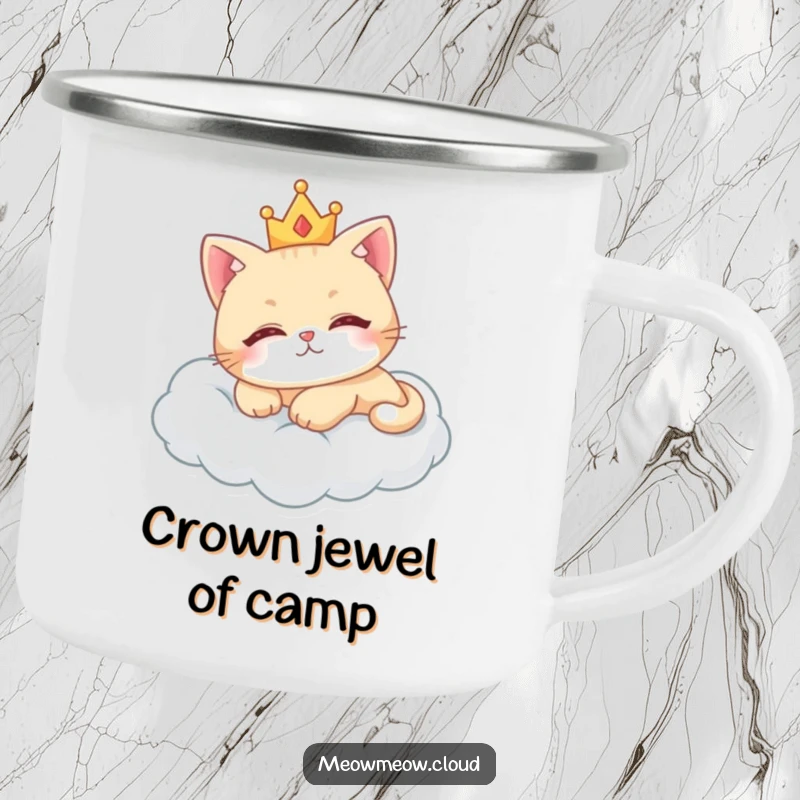 Funny royal cat camping mug with a cute cat wearing a crown, lounging on a cloud.