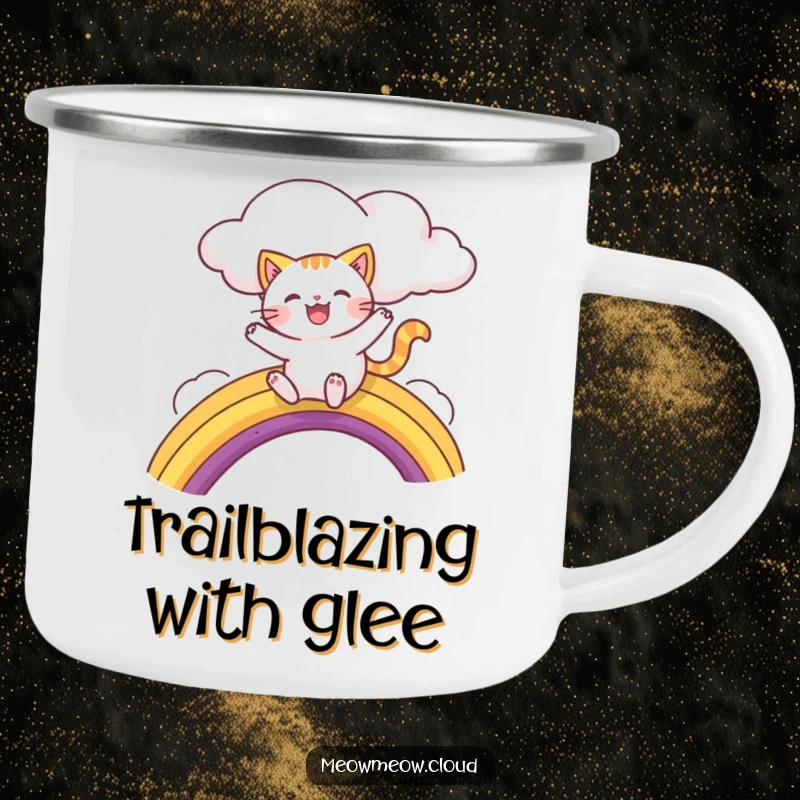 Funny camping mug featuring a joyful cat character sliding down a rainbow from a cloud, perfect for outdoor fun.