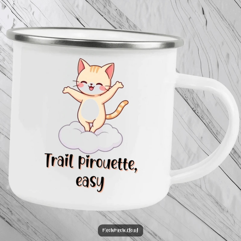 Funny happy cat ballet camping mug showing a cat pirouetting on a cloud, for outdoor elegance.