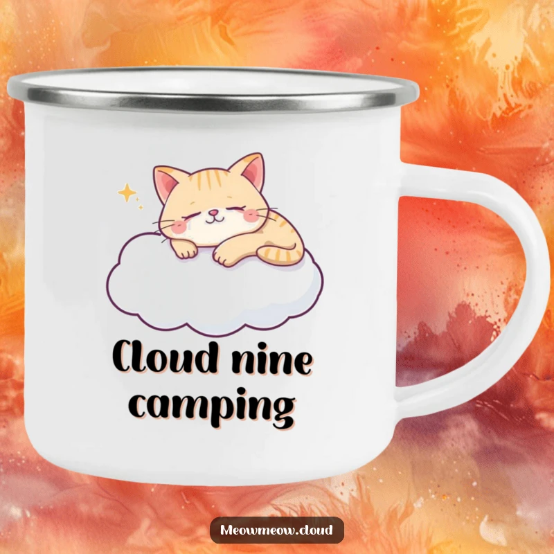 Funny cat cloud camping mug showcasing a content cat sleeping on a fluffy cloud, perfect for serene outdoor moments.