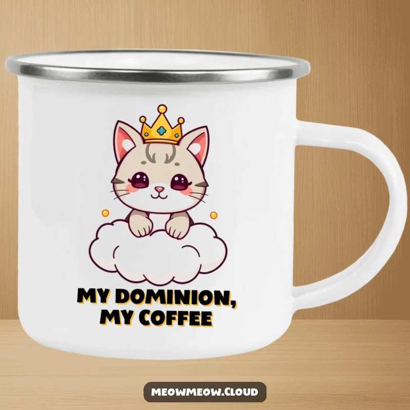 Funny Cat King Camping Mug featuring a cute cat with a crown ruling a cloud kingdom, ideal for outdoor royalty. Durable enamel mug.