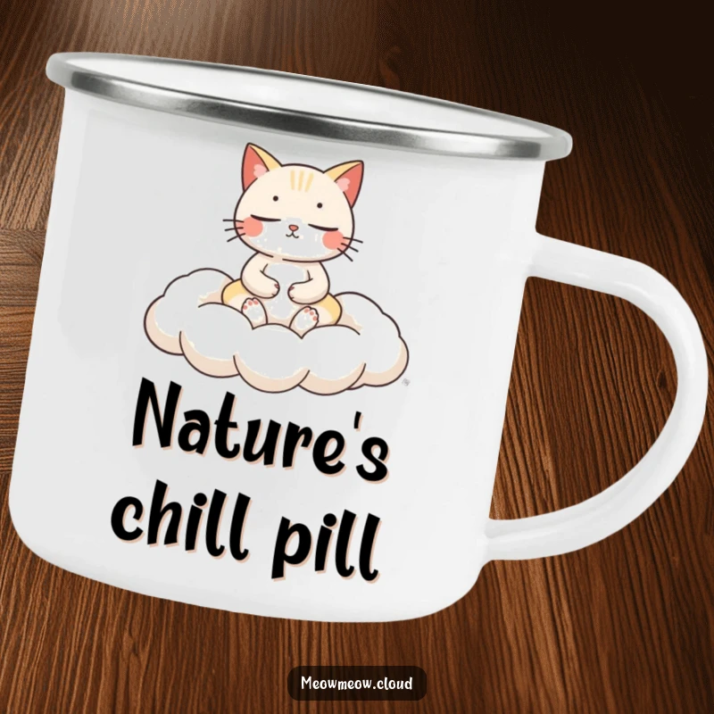 Funny cat meditation camping mug with a serene cat meditating on a fluffy cloud cushion, perfect for calm camping.