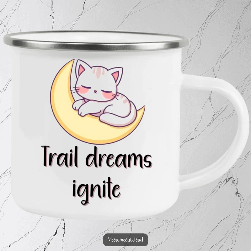 Funny camping mug featuring an adorable cat character peacefully napping on a crescent moon, perfect for peaceful outdoor enjoyment.