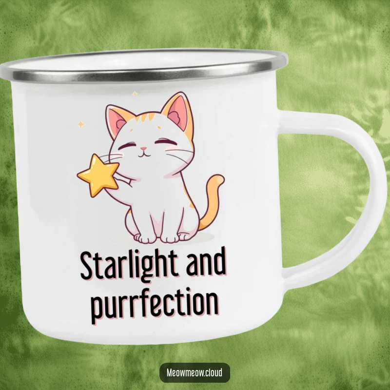 Funny camping mug depicting a cat playfully poking a star, designed for outdoor fun and humor.
