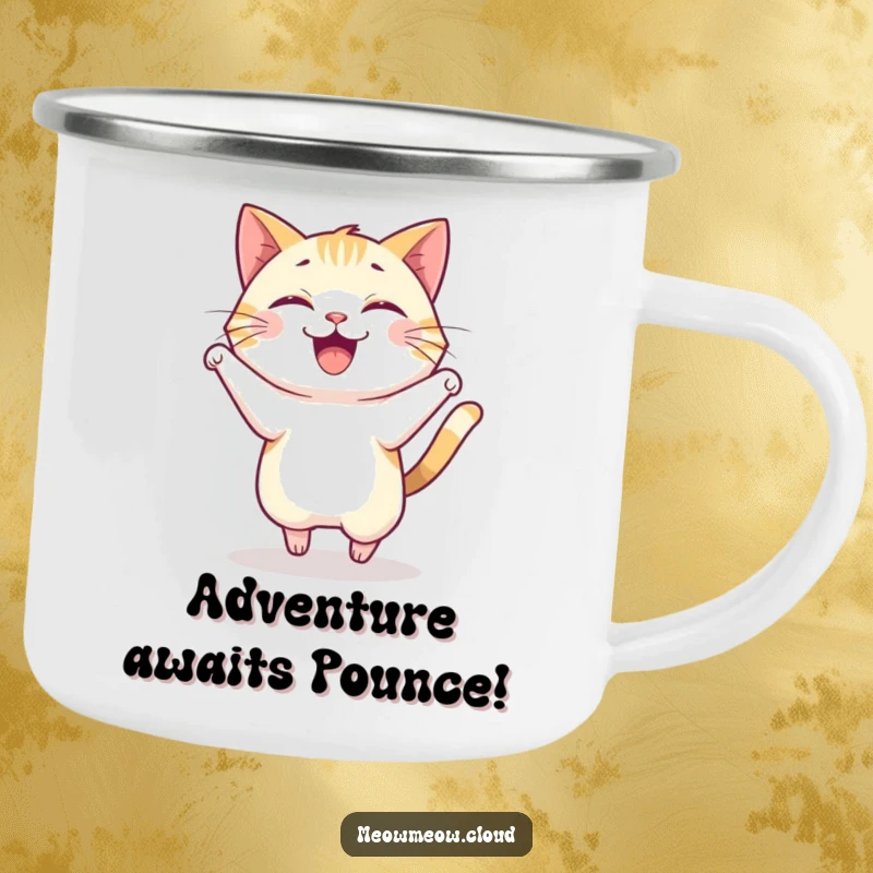 Funny camping mug with a joyful cat in a happy pounce, ideal for energetic outdoor activities.