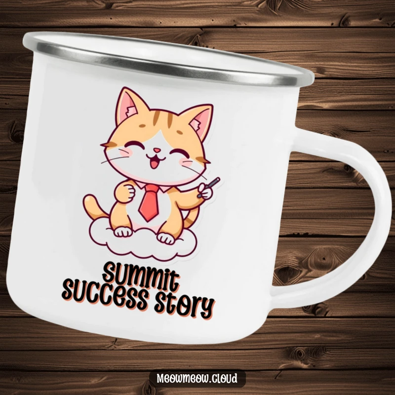 Funny cat presenter camping mug, a cheerful cat in a tie gives a presentation on a cloud, perfect for outdoor adventures with a humorous twist.