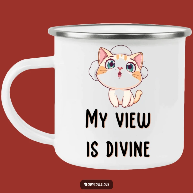 Funny Curious Cat Camping Mug: Enamel Cloud Cup, Hilarious Amazed Outdoor Gift for Adventures