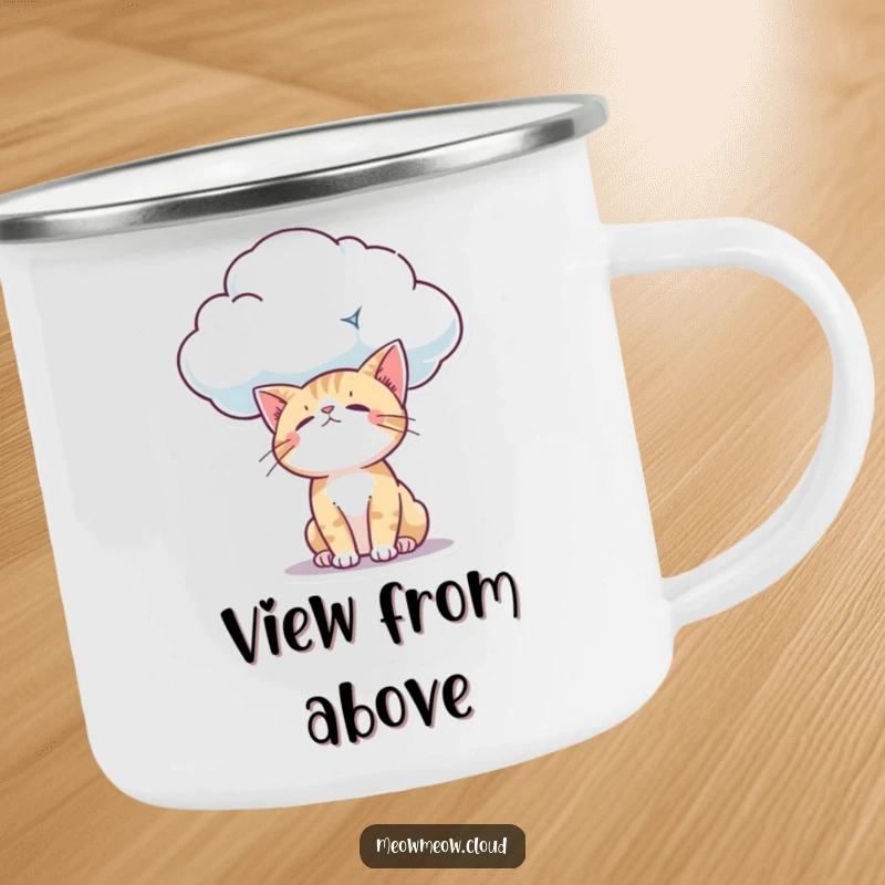 Funny curious cat looking down from a cloud with wonder, depicted on a rustic camping mug for exploring wonders.
