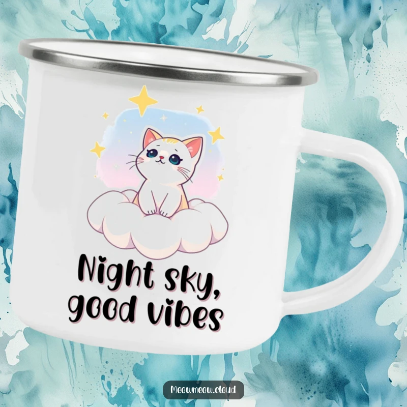 Funny camping mug with a dreamy cat gazing at stars from a cloud, designed for cosmic adventures and warm drinks.
