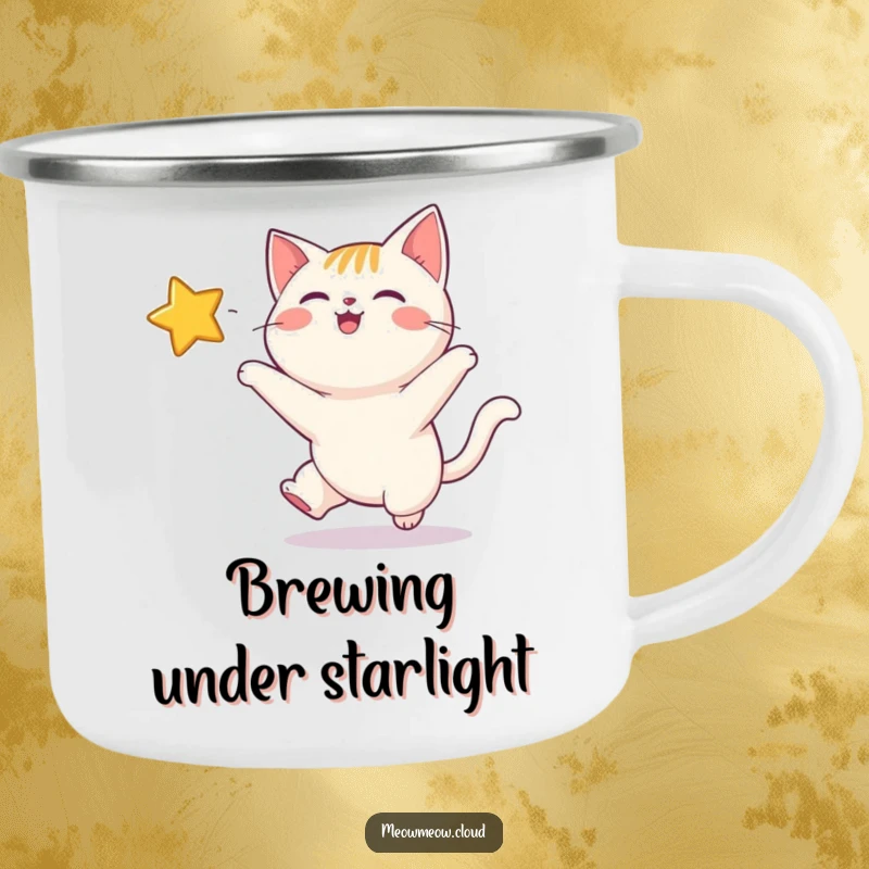 Funny camping mug showing a happy cat reaching for a distant, twinkling star, perfect for outdoor enthusiasts.