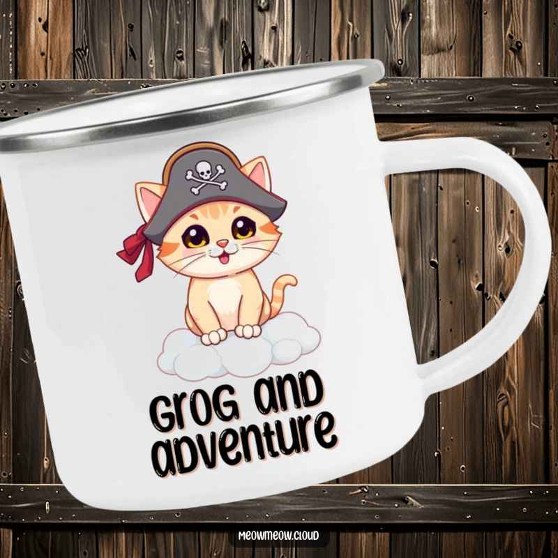 Funny pirate cat camping mug, rugged mug with a cat pirate on a cloud island, perfect for outdoor fun and laughter.