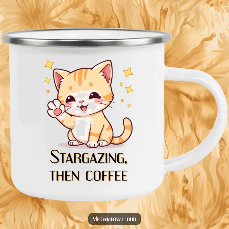 Funny playful cat batting at stars with its paw, a durable and humorous camping mug for cosmic exploration.