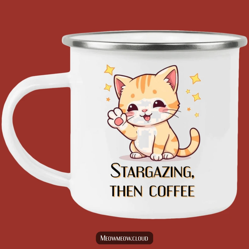 Funny Playful Cat Stars Camping Mug: Hilarious Outdoor Gear for Stargazers