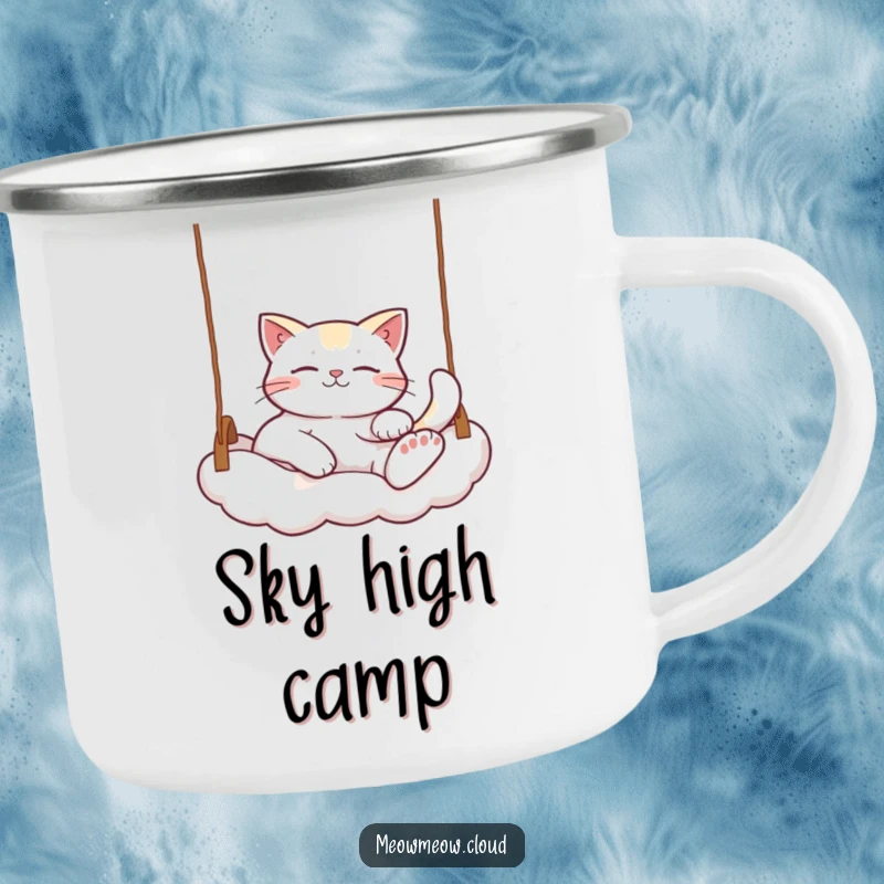 Funny Relaxed Cat Camping Mug: A durable mug showing a cat lounging on a cloud swing, perfect for enjoying drinks in the wild with a funny, peaceful twist.