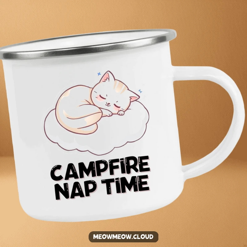 Funny sleeping cat on a cloud, a rugged camping mug for peaceful outdoor experiences and funny gifts.
