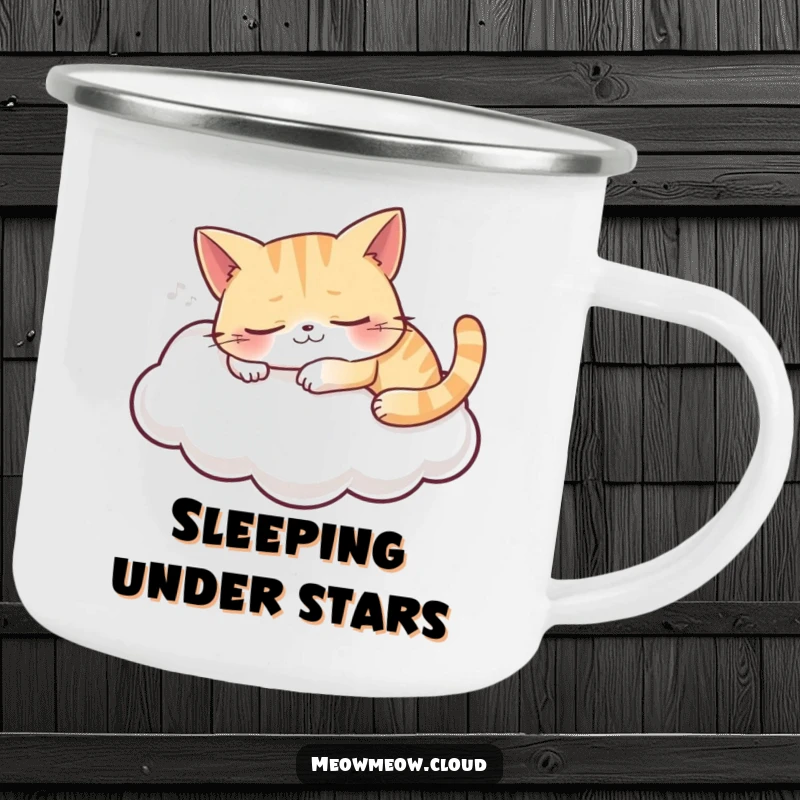 Funny camping mug with a grinning cat sleeping on a cloud, designed for cozy outdoor moments and peaceful enjoyment.