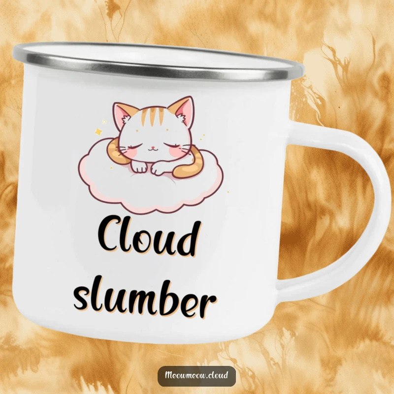 Funny playful cat napping on a cloud, depicted on a rustic camping mug for serene outdoor adventures.