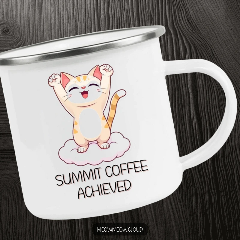 Funny camping mug with a triumphant cat character on a cloud, arms raised, ready for adventure and hot beverages, built for the outdoors.