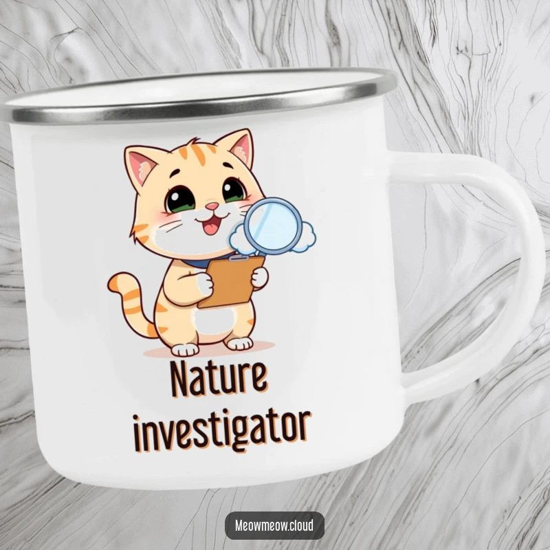 Funny cat inspector camping mug, a smiling cat with clipboard and magnifying glass inspects a cloud, perfect for outdoor adventures with a humorous twist.