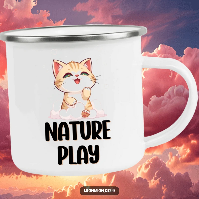 Funny cat playing with clouds design on a durable camping mug, perfect for adding a playful touch to outdoor activities.