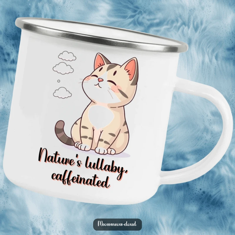 Funny camping mug with a contented cat watching tiny clouds drift by, ideal for outdoor serenity.