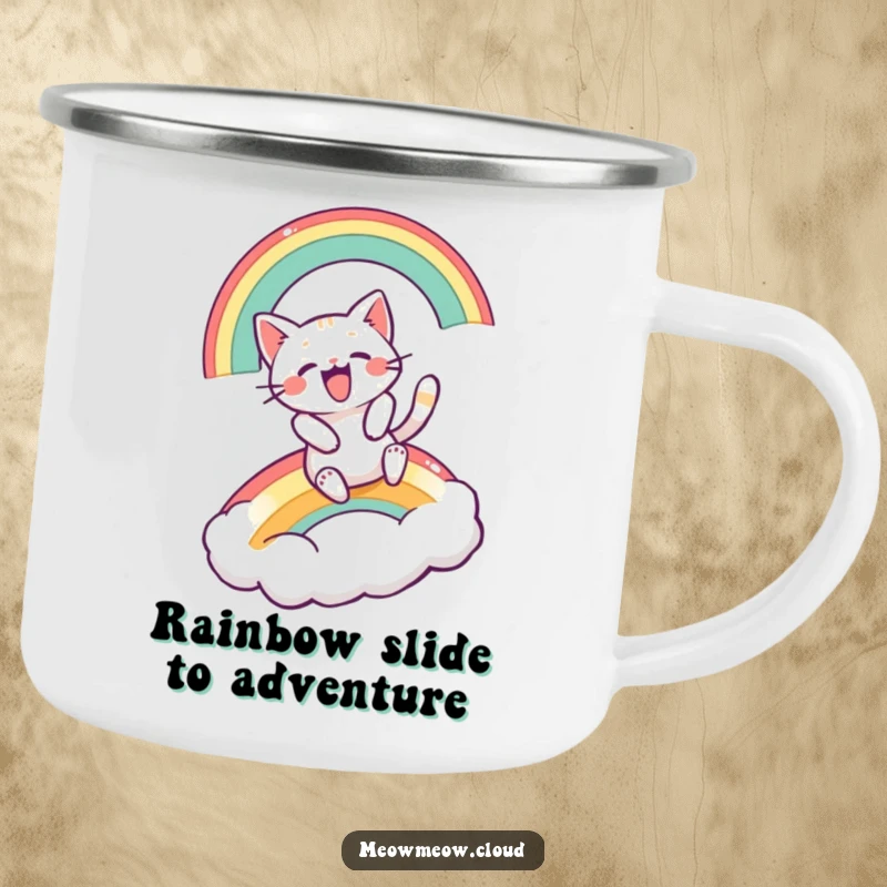 Funny camping mug featuring an excited cartoon cat sliding down a rainbow, ready for the outdoors.