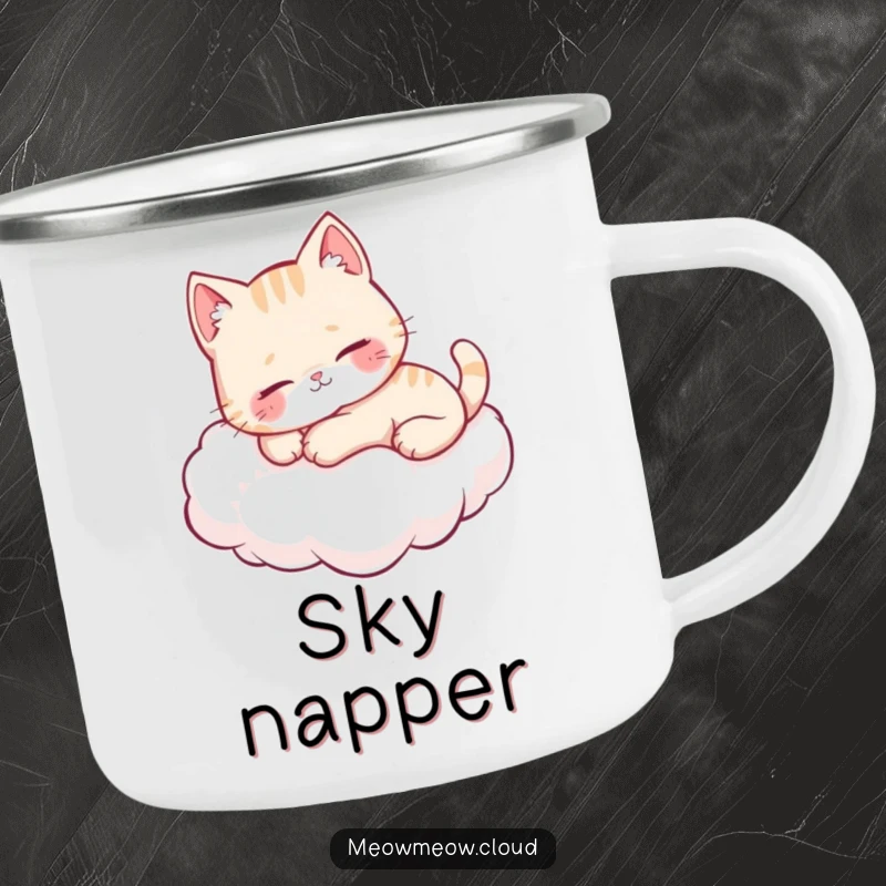 Funny cute cat purring on a cloud, depicted on a rustic camping mug for dreamy outdoor adventures.
