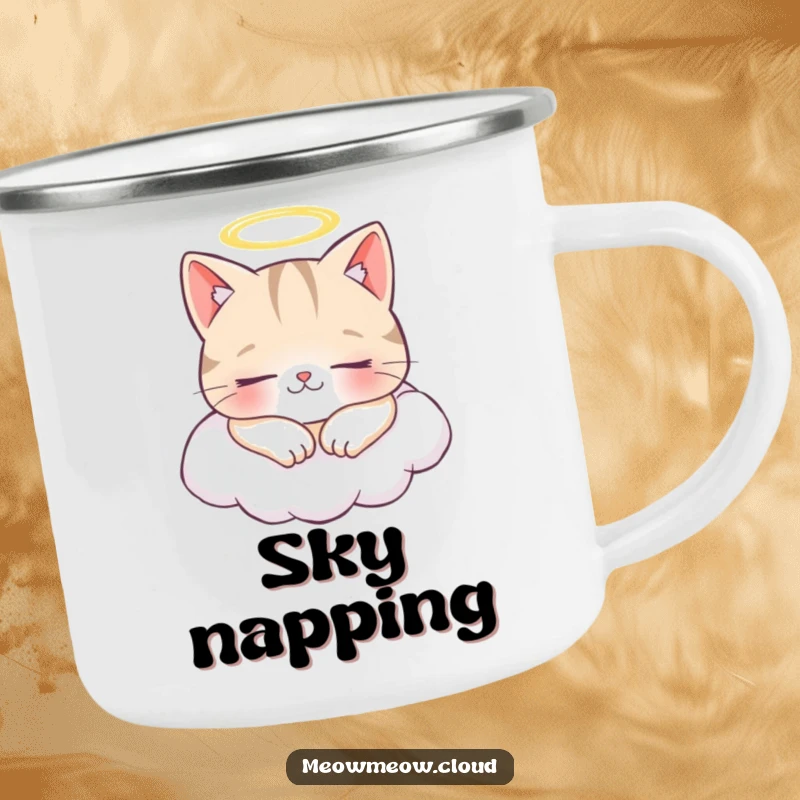 Funny camping mug with a cheerful cat wearing a halo, napping peacefully on a cloud, for relaxing outdoor moments.