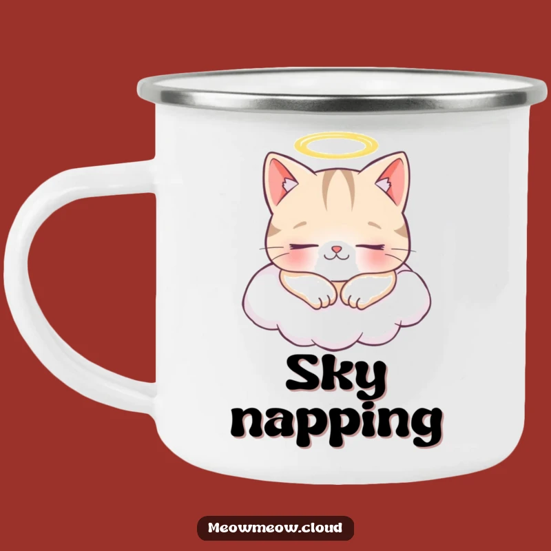 Funny Angel Cat Camping Mug: Cheerful Cloud Napping Outdoor Gift
