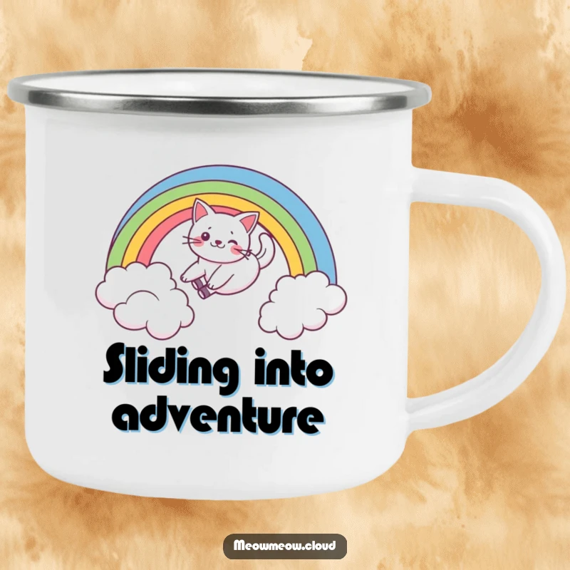 Funny camping mug featuring a playful cat sliding down a rainbow above a cloud, built for adventure and smiles.