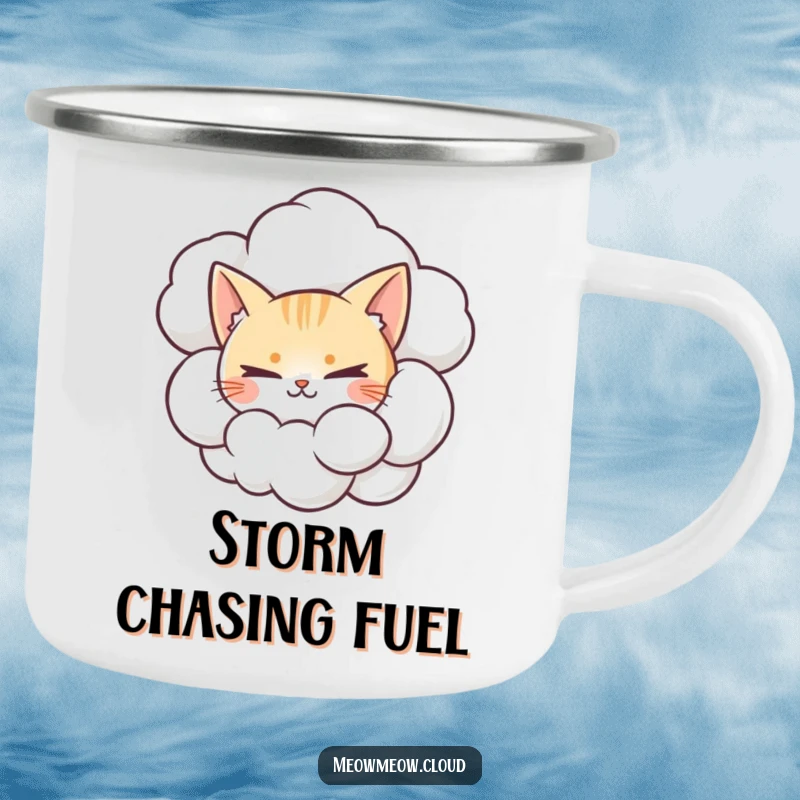 Funny camping mug with a mischievous cat peeking from a cumulonimbus cloud, ready for outdoor fun.