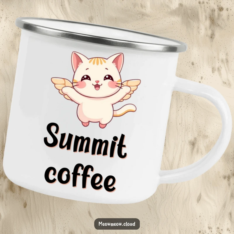 Funny Camping Mug featuring a cheerful cat with small wings, flying joyfully, durable for adventures and adding a touch of whimsy.