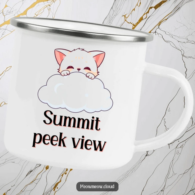 Funny curious cat peeking over the edge of a cloud, a durable and humorous camping mug for outdoor observation.