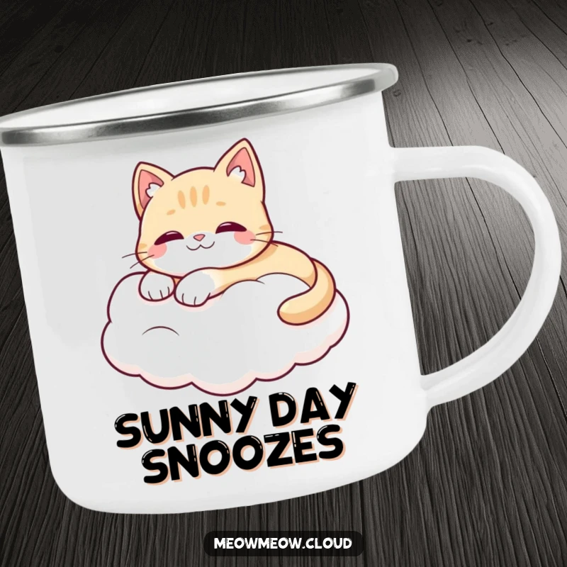 Funny camping mug featuring a cute cat character lounging on a fluffy white cloud, ready for outdoor relaxation.