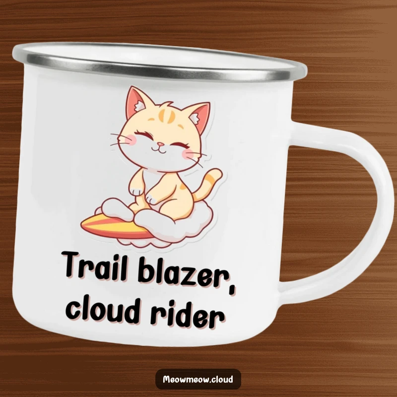 Funny camping mug with a winking cat character surfing on a cloud, designed for adventure and cool vibes.