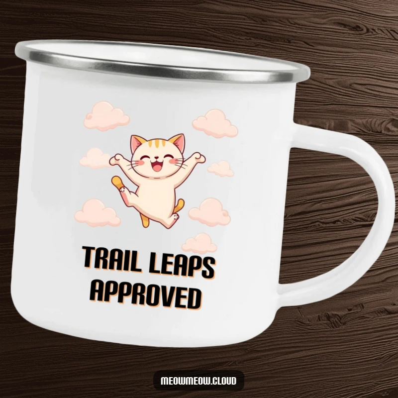 Funny joyful cat leaping between clouds, a rugged camping mug for active adventures and funny gifts.