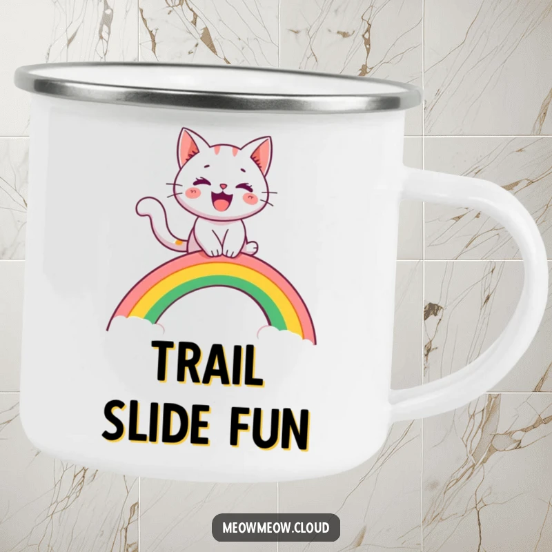 Funny camping mug featuring a cheerful cat character riding a rainbow arch like a slide, perfect for adventurous outdoor enjoyment.
