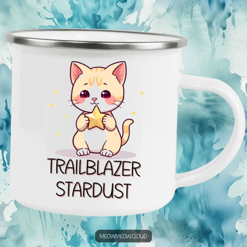 Funny Camping Mug featuring a cute cat character reaching for a star, durable for adventures and bringing a smile with its celestial charm.
