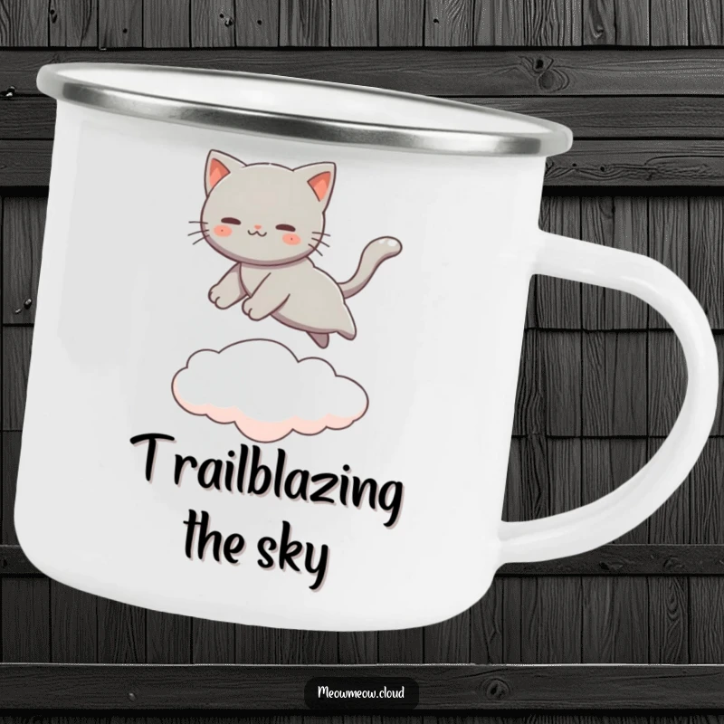 Funny Gray Cat Camping Mug featuring a cat leaping between clouds, ideal for outdoor adventures. Durable enamel mug.