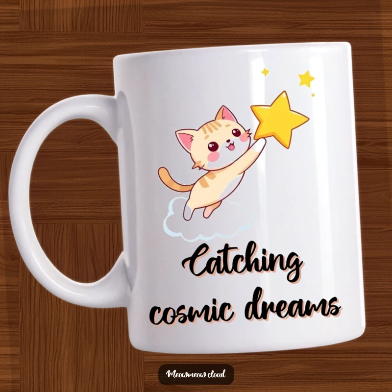 Funny happy cat leaping and chasing a bright star across a whimsical cloud sky, perfect for dreamers.