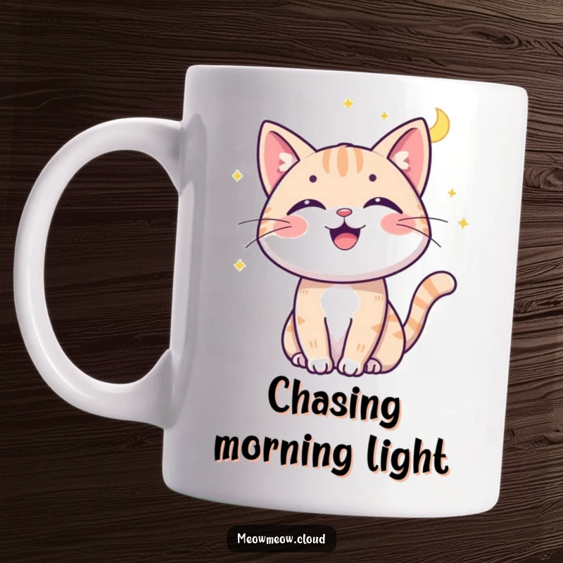 Funny cat moonbeam mug featuring a cheerful cat joyfully batting at a shimmering moonbeam, full of playful energy.