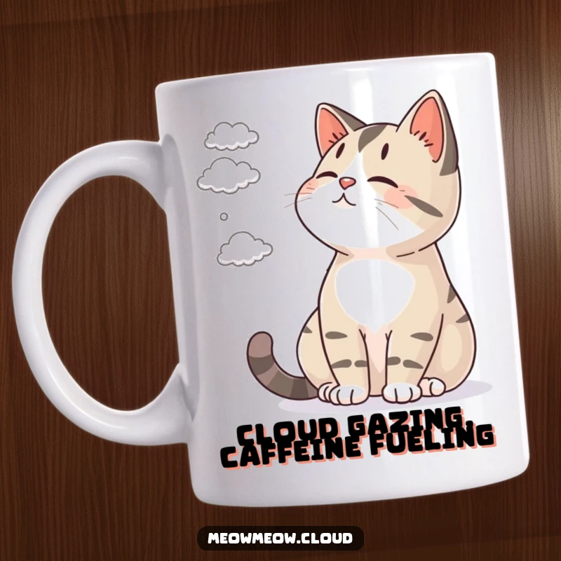 Funny mug with a contented cat peacefully watching tiny clouds drift by in a calm sky.