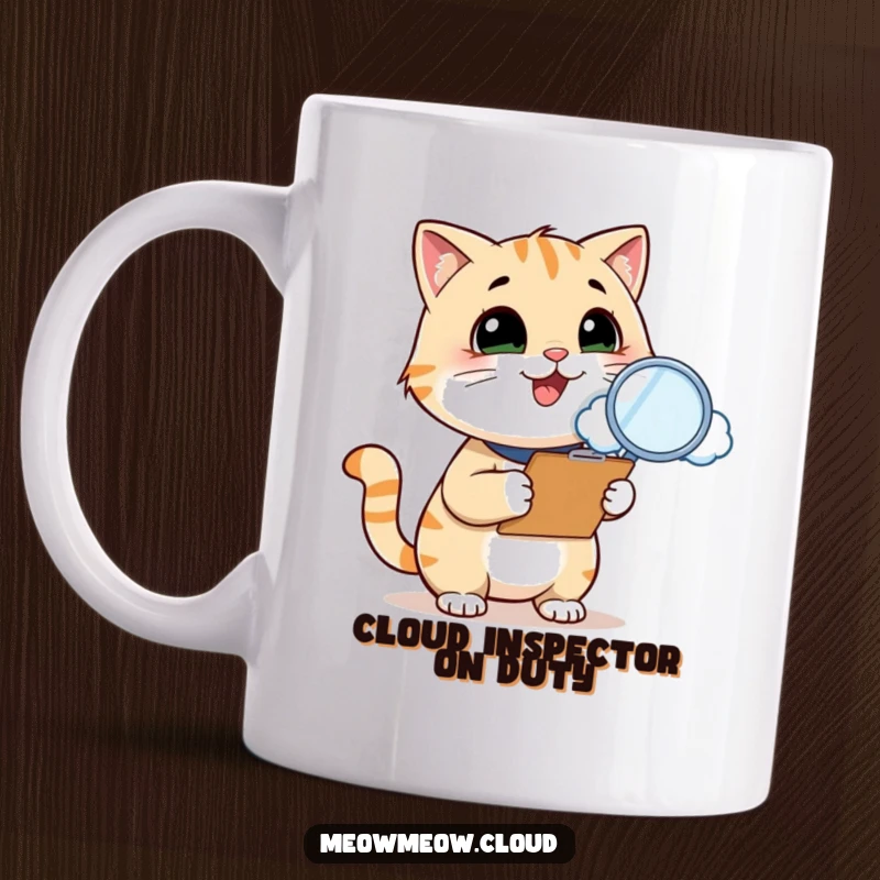 Funny cat inspector mug, a smiling feline with a clipboard inspects a cloud using a magnifying glass, symbolizing playful curiosity.
