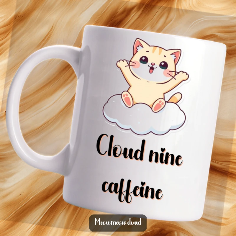 Funny mug showing a surprised cat character with wings, joyfully making a snow angel shape on a fluffy white cloud.