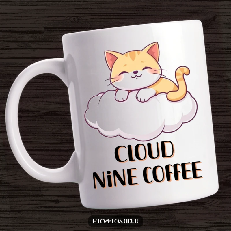 Funny cat mug with a happy cat lounging peacefully on a puffy white cloud, offering a zen and humorous feel.